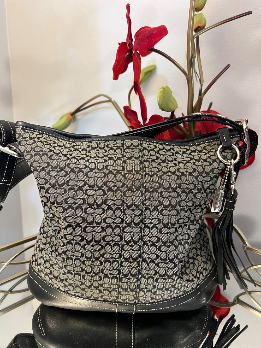 Coach Signature Jacquard Shoulder Bag in Black and Cream - Picture 3 of 15
